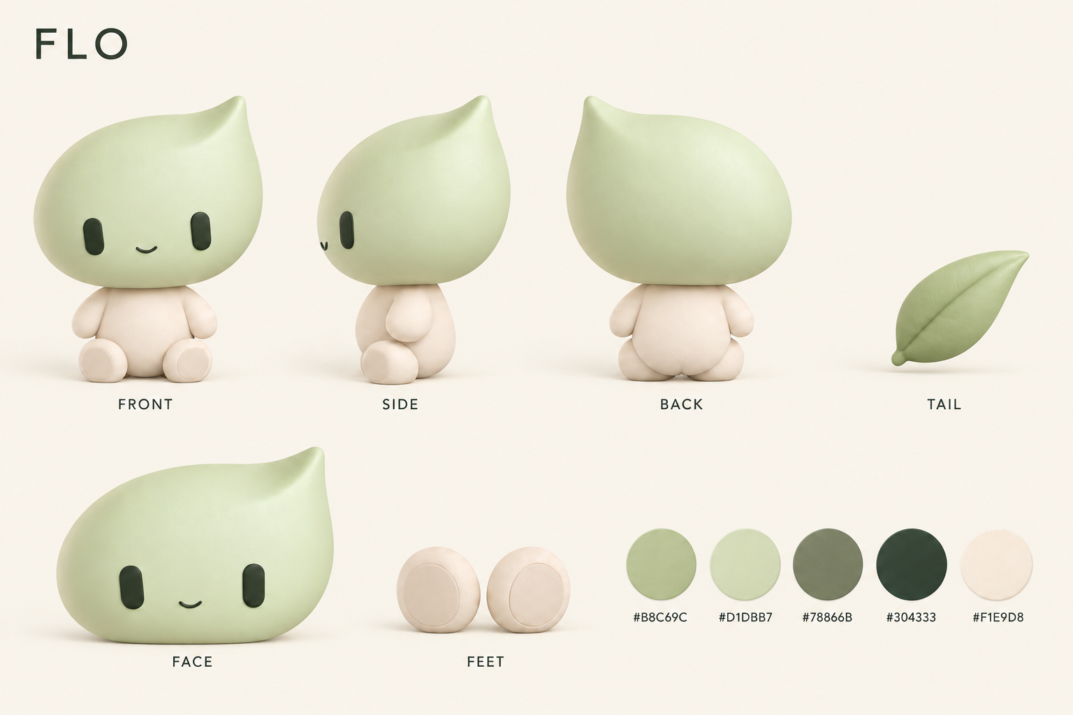 Flo character reference: front, side and back views with a separate tail element, face and feet details, and color palette